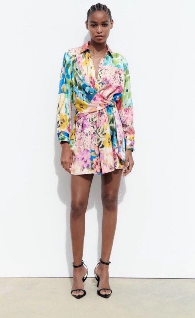 Zara Womens Romper Xl Multicolor Floral Satin effect Tie Knot